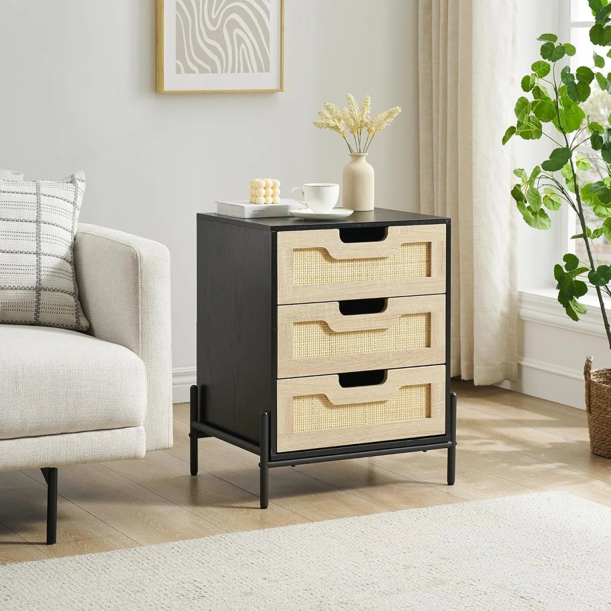 Rattan Nightstand Boho Cabinet with 3 Rattan Drawers Night Table Bedside Table with Storage Drawers for Bedroom Living Room