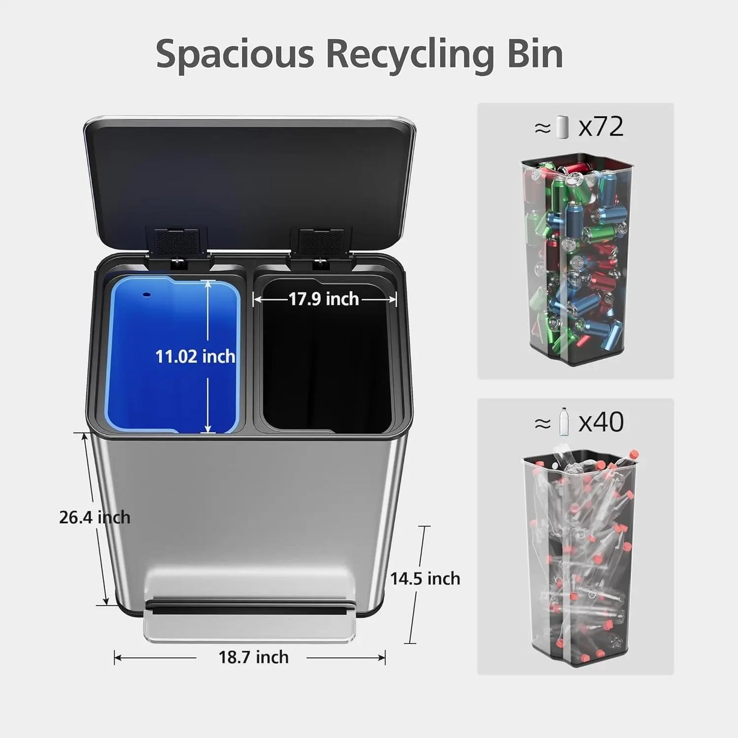 60 Liter / 2 x 8 Gallon Dual Trash Can with Recycle Bin, Stainless Steel Garbage Can with Lid and Foot Pedal Resistant Trash Can