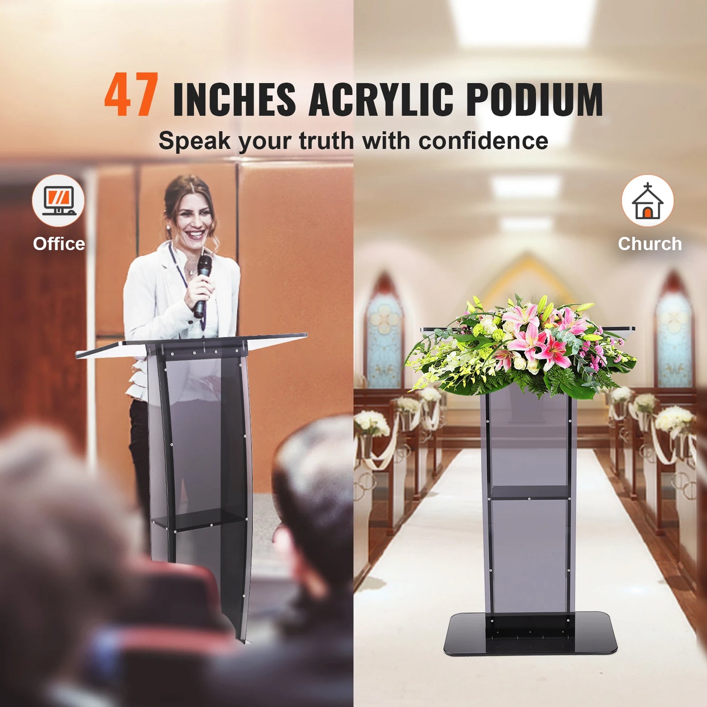 SucceBuy 47" Acrylic Podium Stand Floor-Standing Clear Pulpit Acrylic Desktop Lecterns w/ Storage Shelf for Church Office School