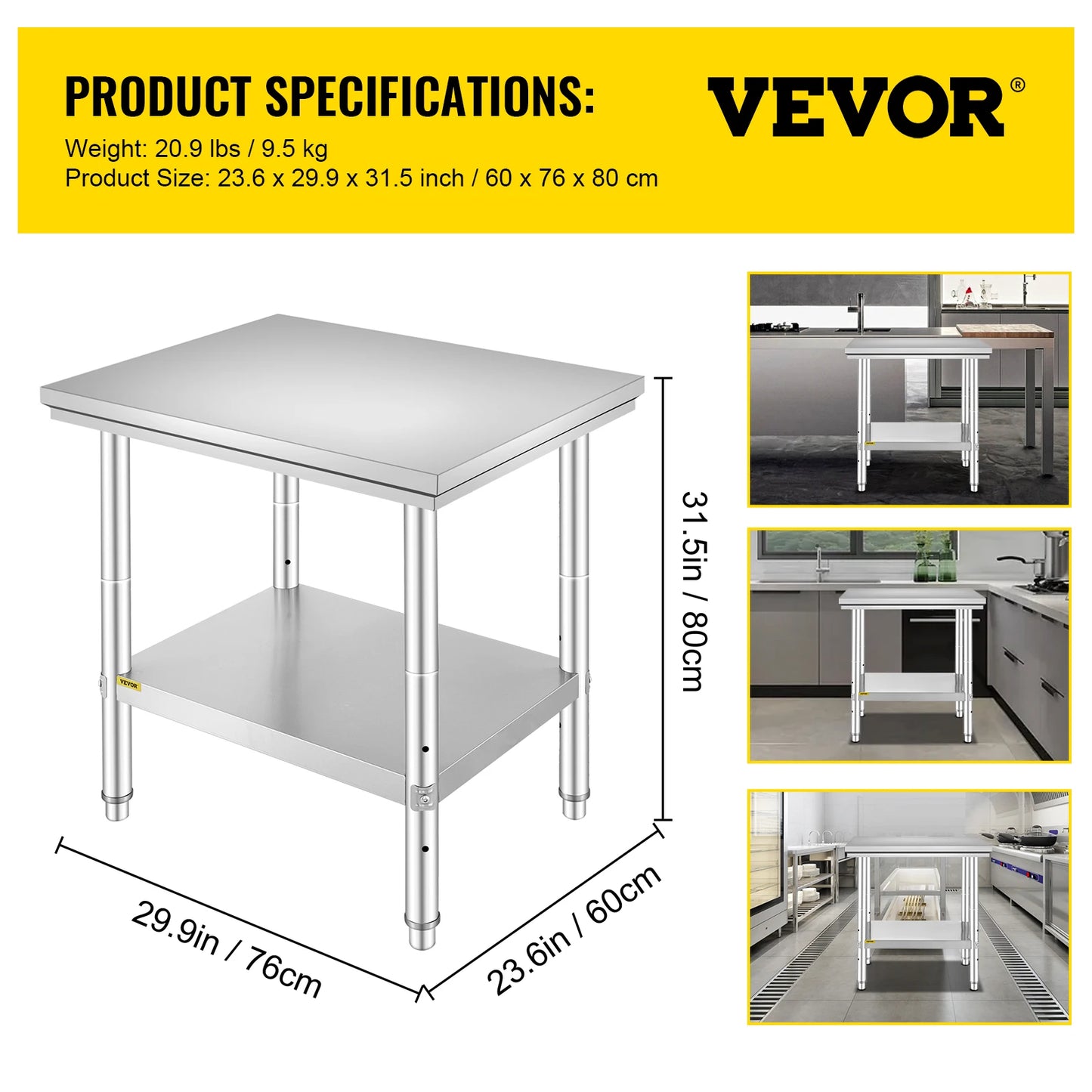 Hygienic Stainless Steel Kitchen Work Prep Station With Undershelf