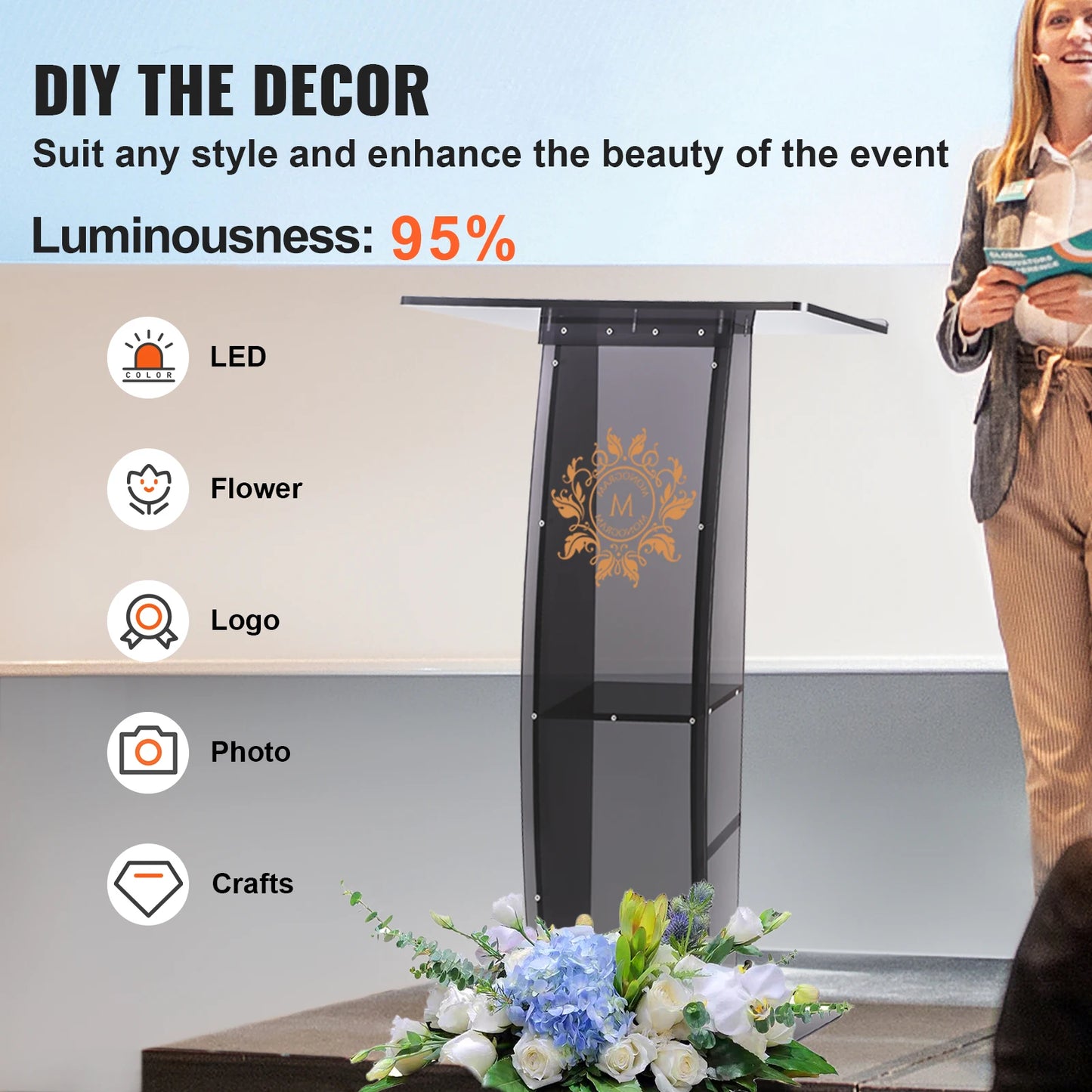 SucceBuy 47" Acrylic Podium Stand Floor-Standing Clear Pulpit Acrylic Desktop Lecterns w/ Storage Shelf for Church Office School