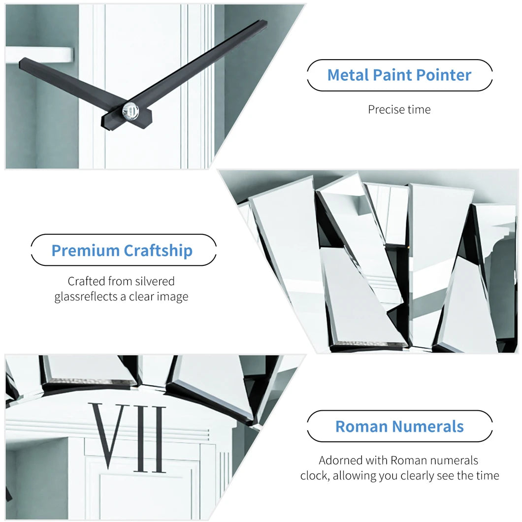 Large Wall Clock 3D Mirrored Clocks Sunburst Edge 32"/80CM Round Roman Numeral Modern Living Room Dining Room Fireplace Decor