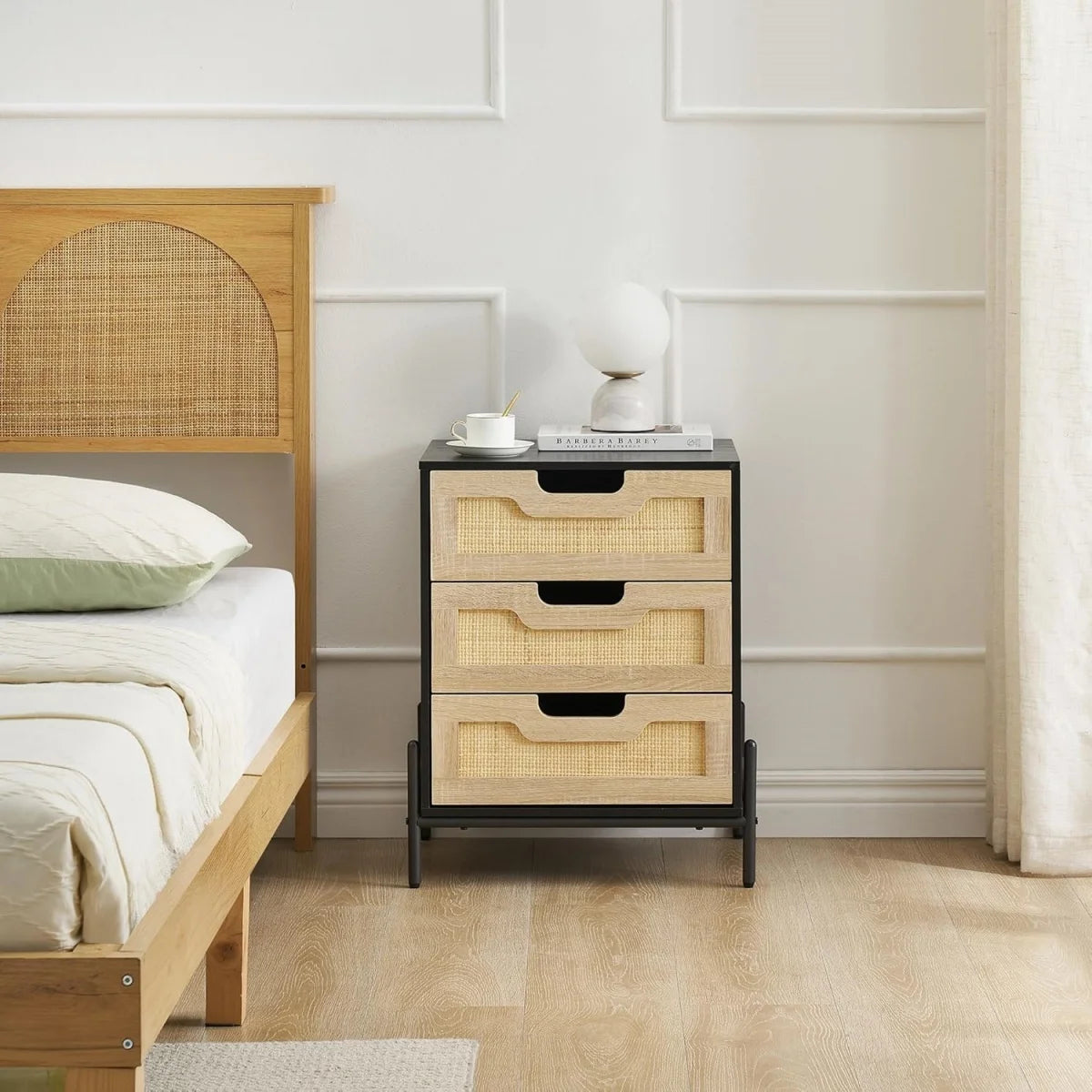 Rattan Nightstand Boho Cabinet with 3 Rattan Drawers Night Table Bedside Table with Storage Drawers for Bedroom Living Room