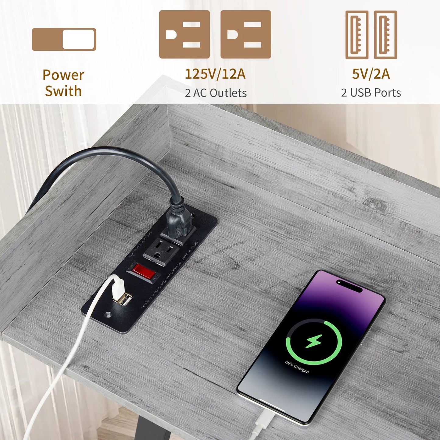 70.9" Console Table, Gray, 2 Outlets & USB. Rustic Industrial, Living Room, Entryway, Hallway, Bar.