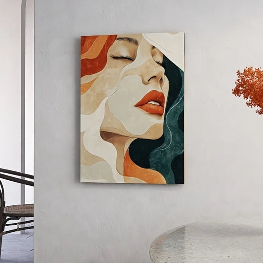 Elegant abstract female portrait canvas art - soft pastel tones, light brown and beige lines, pine frame, interior trim