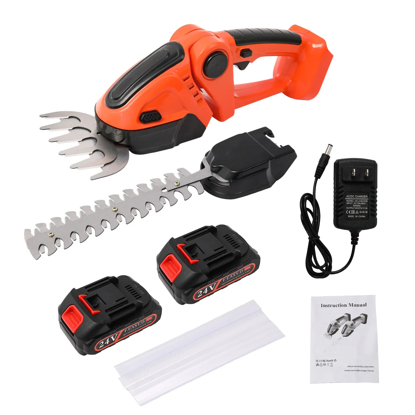 390W Handheld 2-in-1 Hedge Trimmer 15000 RPM 24V Battery-Powered Cordless Grass Cutter with Two Batteries and Charger for Garde
