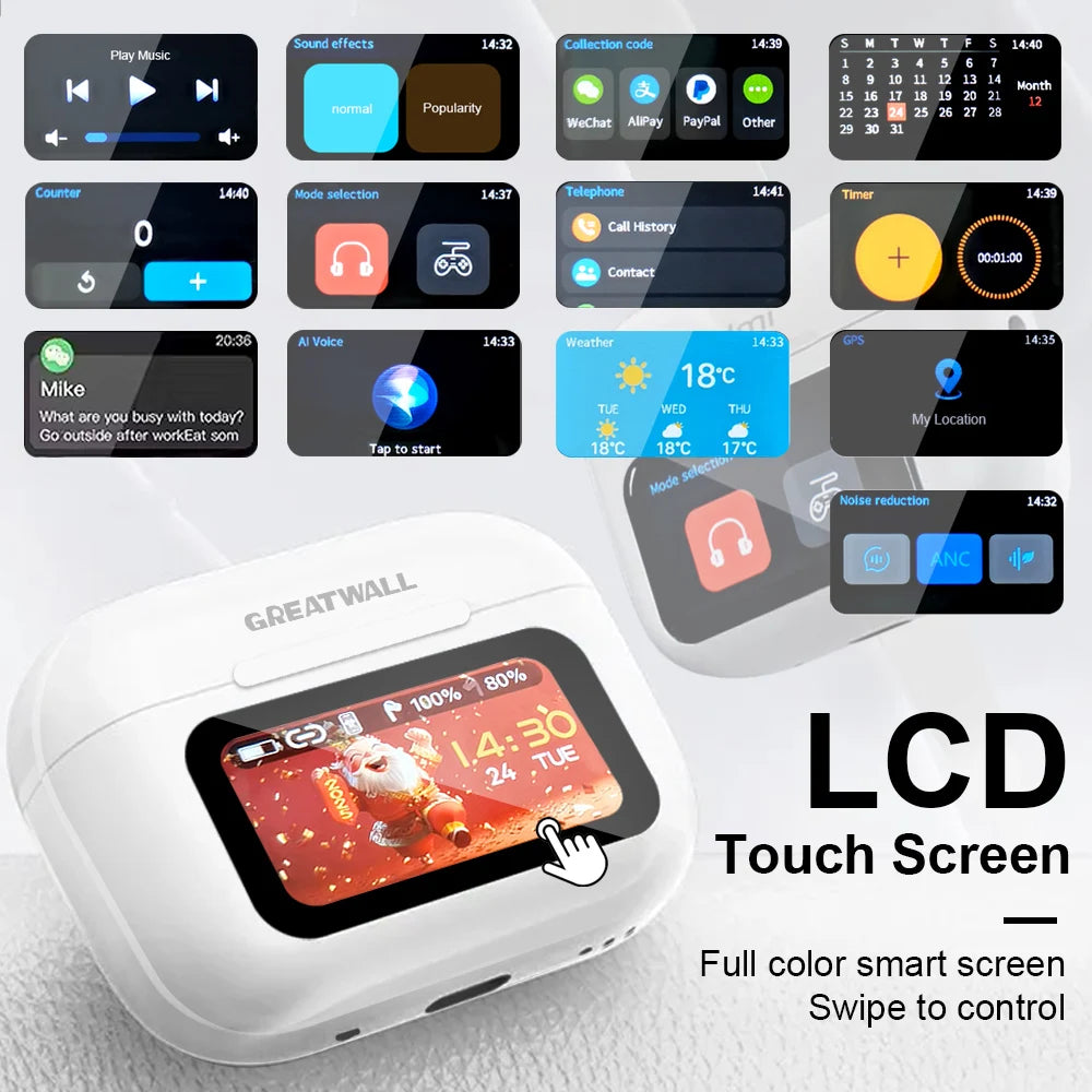Original GREATWALL Wireless Bluetooth Earphones ANC Noise Reduction Earbuds HD Mic Call Gamer Earbuds LED Touch Screen Control