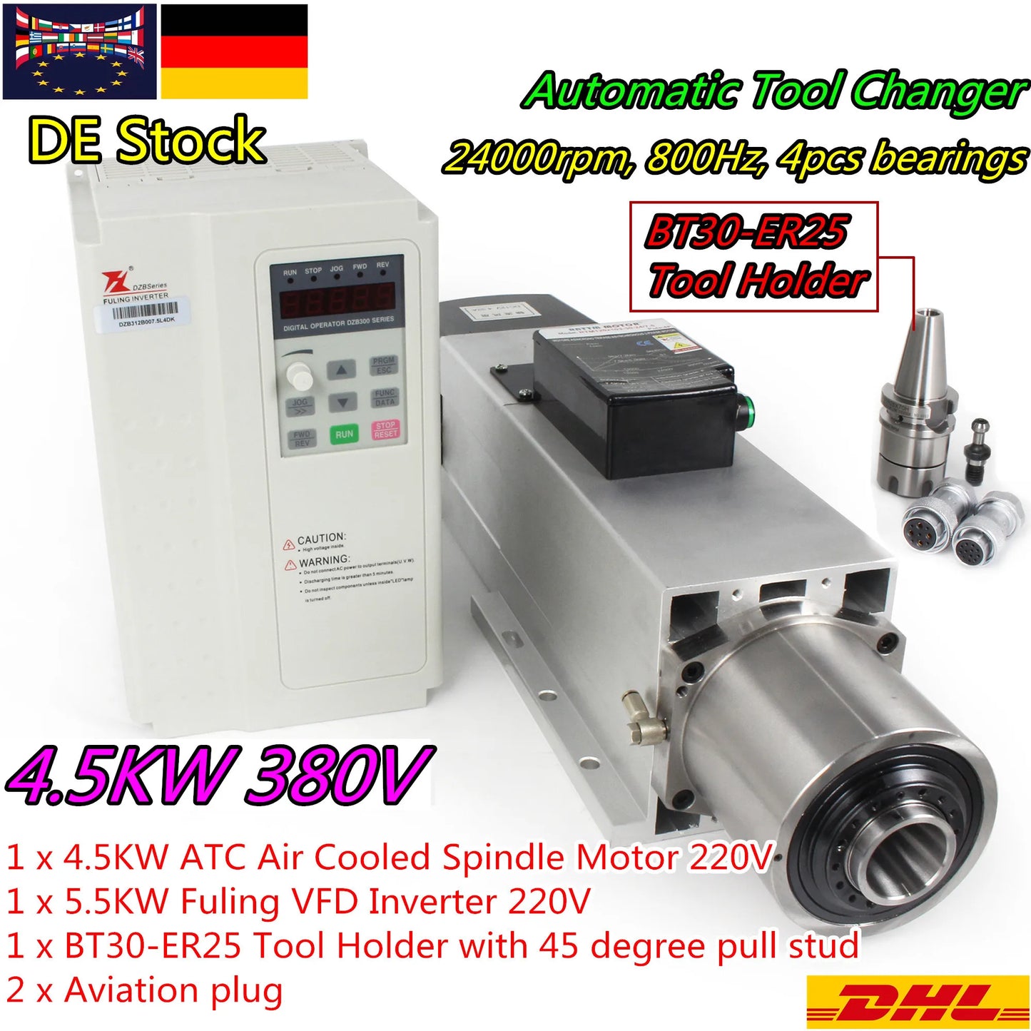 【Stock in EU / US】CNC BT30 ATC air cooled spindle motor 4.5KW 24000RPM 220V / 380V Automatic Tool Changeable spindle