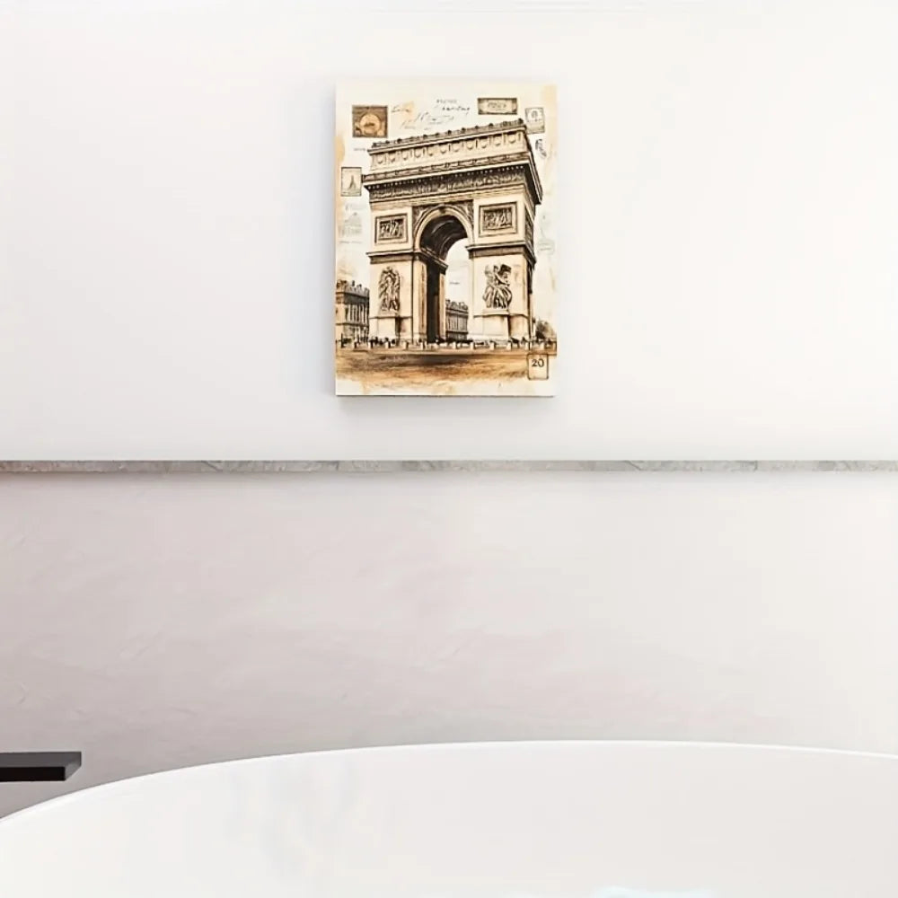 Paris Arc de Triomphe canvas art with travel symbols, pine frame, can be hung directly, suitable for interior decoration