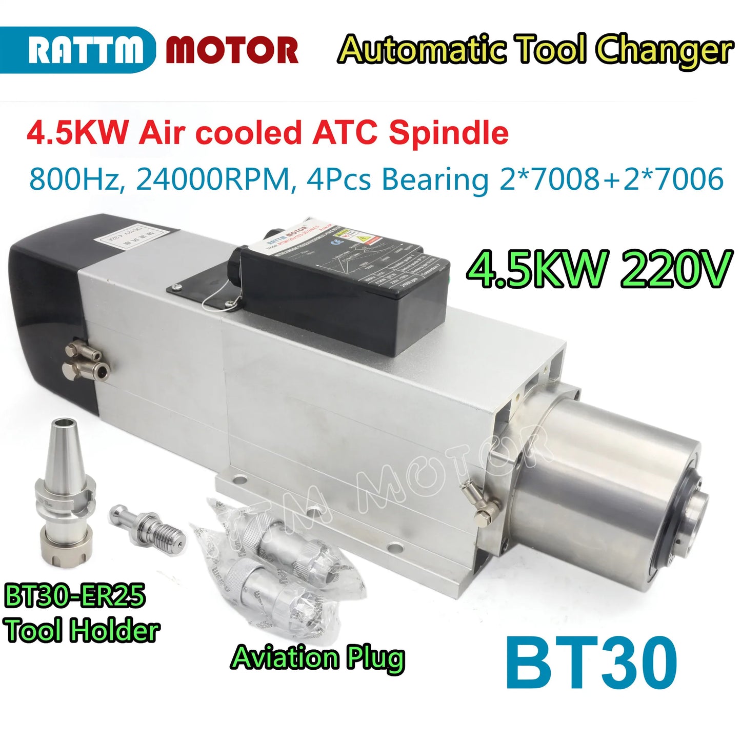 【Stock in EU / US】CNC BT30 ATC air cooled spindle motor 4.5KW 24000RPM 220V / 380V Automatic Tool Changeable spindle