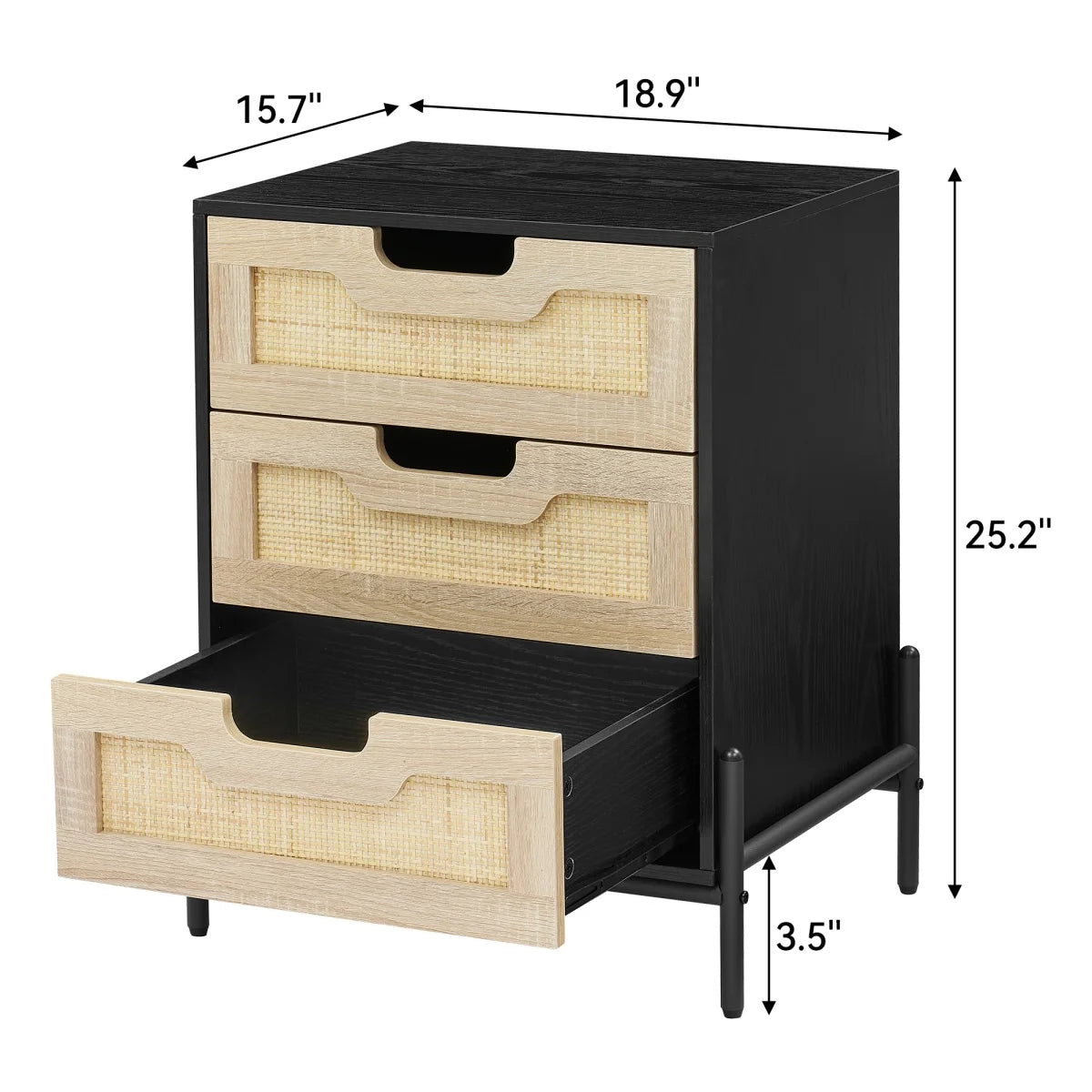 Rattan Nightstand Boho Cabinet with 3 Rattan Drawers Night Table Bedside Table with Storage Drawers for Bedroom Living Room