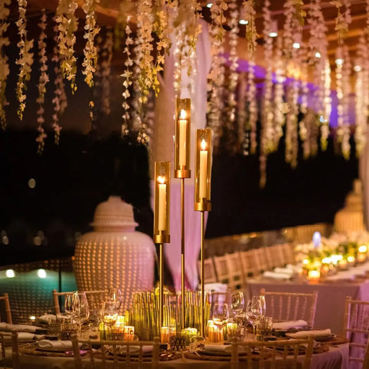 Candlestick Holders Gold for Wedding 8Pcs Taper 3 Arm 33.8Inch Tall Clear Cylinder Metal Candle Stands for Party Home Decor