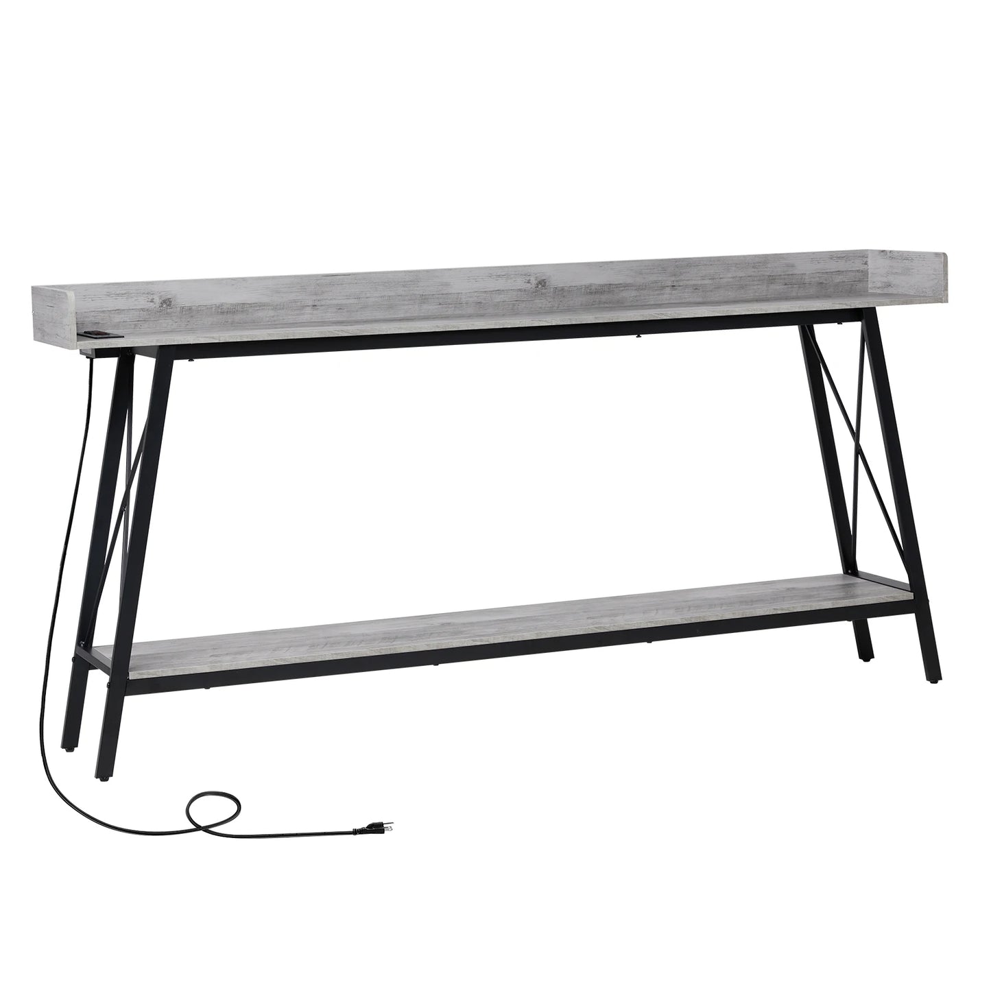 70.9" Console Table, Gray, 2 Outlets & USB. Rustic Industrial, Living Room, Entryway, Hallway, Bar.
