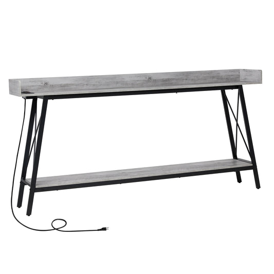 70.9" Console Table, Gray, 2 Outlets & USB. Rustic Industrial, Living Room, Entryway, Hallway, Bar.