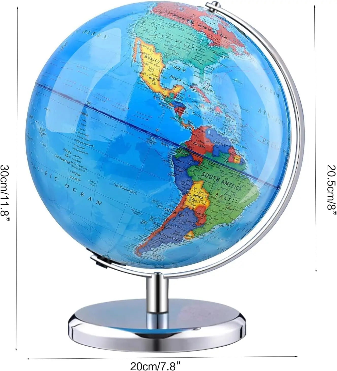 8 Inch Rotating World Globe with Stainless Steel Stand - Educational Geography Toy for Kids Classroom Decor
