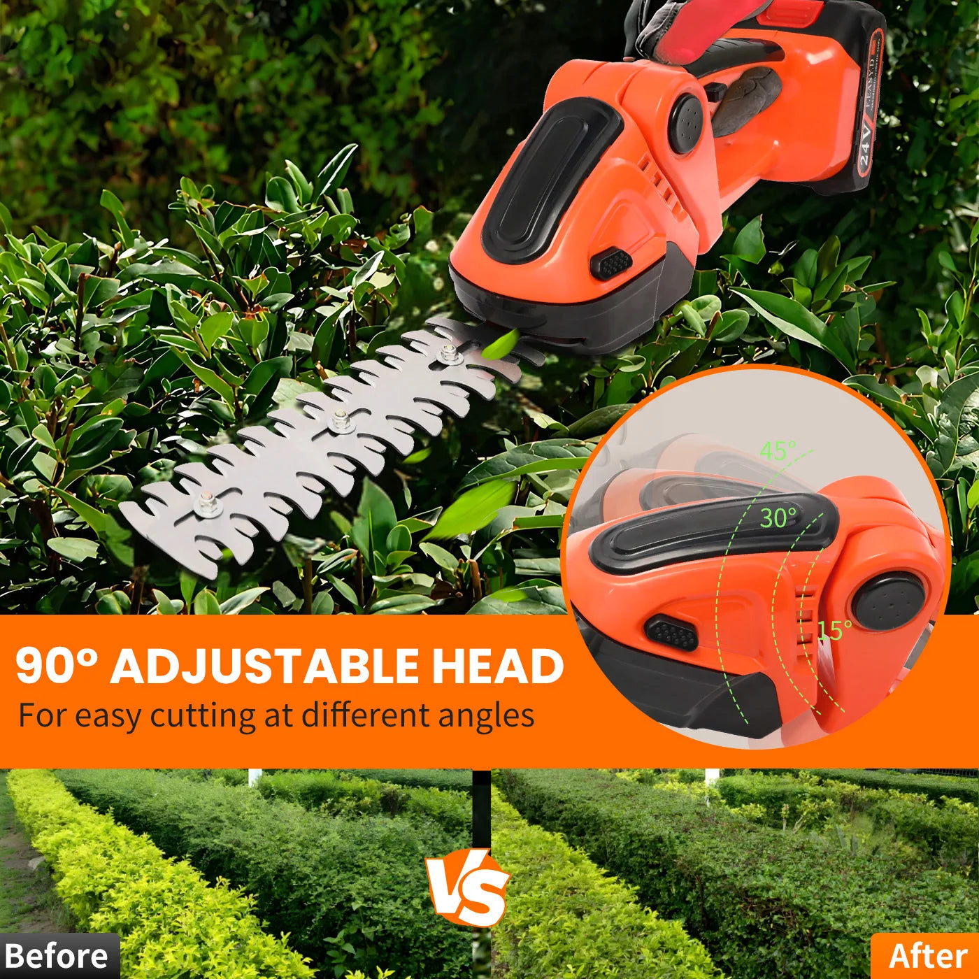 390W Handheld 2-in-1 Hedge Trimmer 15000 RPM 24V Battery-Powered Cordless Grass Cutter with Two Batteries and Charger for Garde