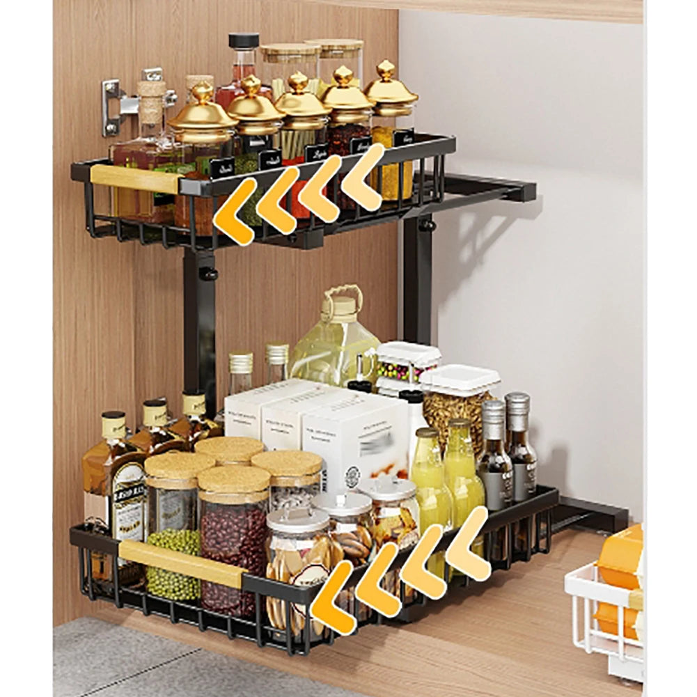 2-Tier Pull Out Cabinet Organizer Under Sink Storage Shelf for Kitchen Bathroom Carbon Steel Slide Out Sink Shelves for Cabinet
