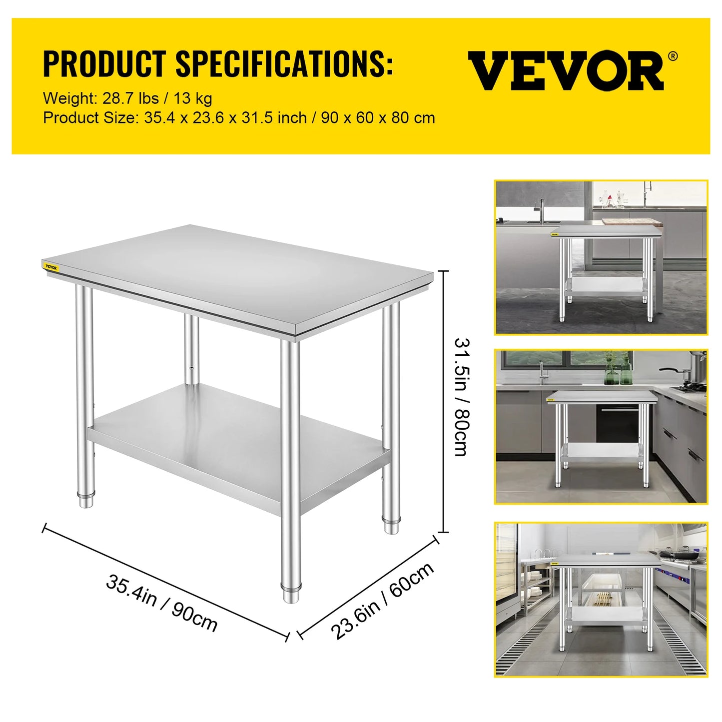 Hygienic Stainless Steel Kitchen Work Prep Station With Undershelf