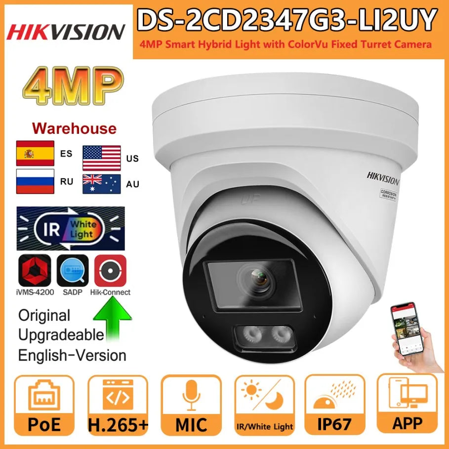 Hikvision 4MP IP Camera DS-2CD2347G3-LI2UY Smart Hybrid Light ColorVu Built-in Dual Mic 4K 24/7 Colorful Turret Network Camera
