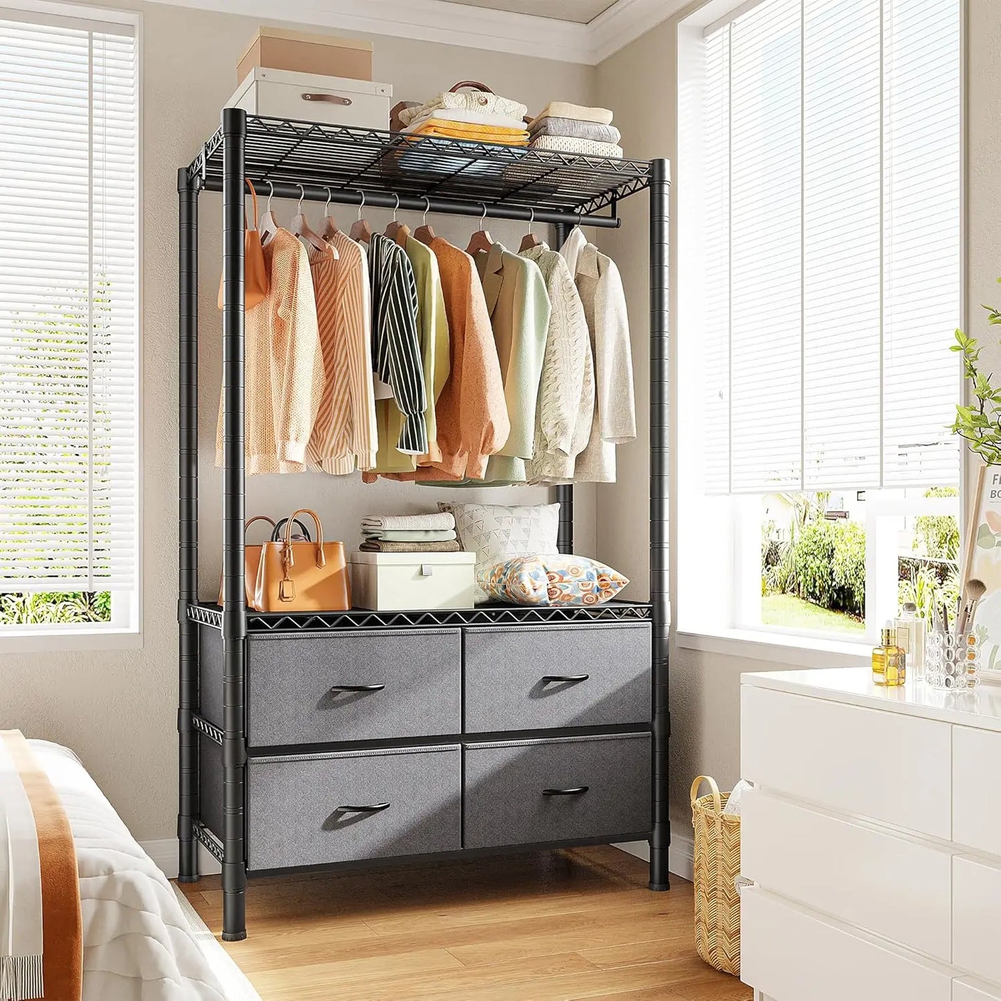 Clothing Rack Heavy Duty Clothes Rack for Hanging Clothes Adjustable with 4 Drawers Freestanding Garment Rack for Extra Space Bl