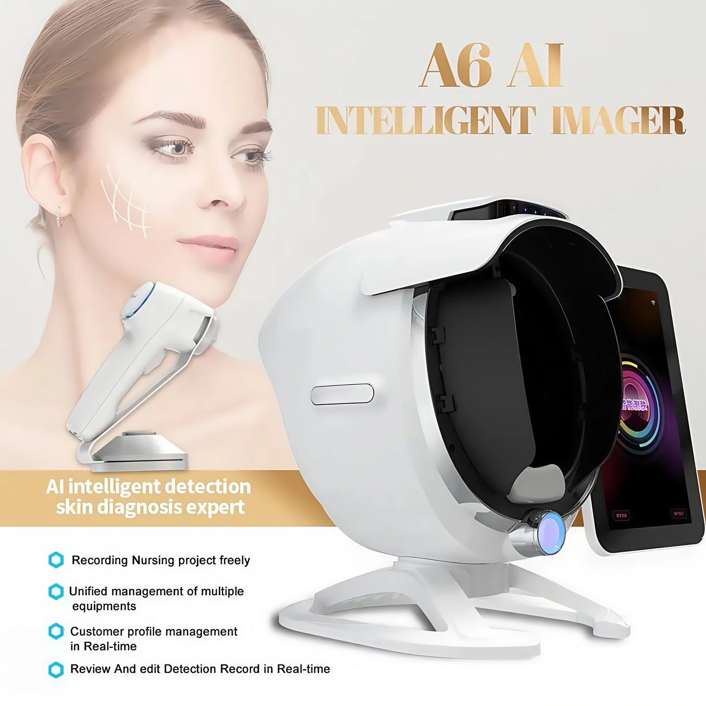 Bitmoji 3D skin analyzer Big Screen A6 Magic Mirror Skin Analyzer Machine Facial Skin Analysis With Handheld Skin Microimager
