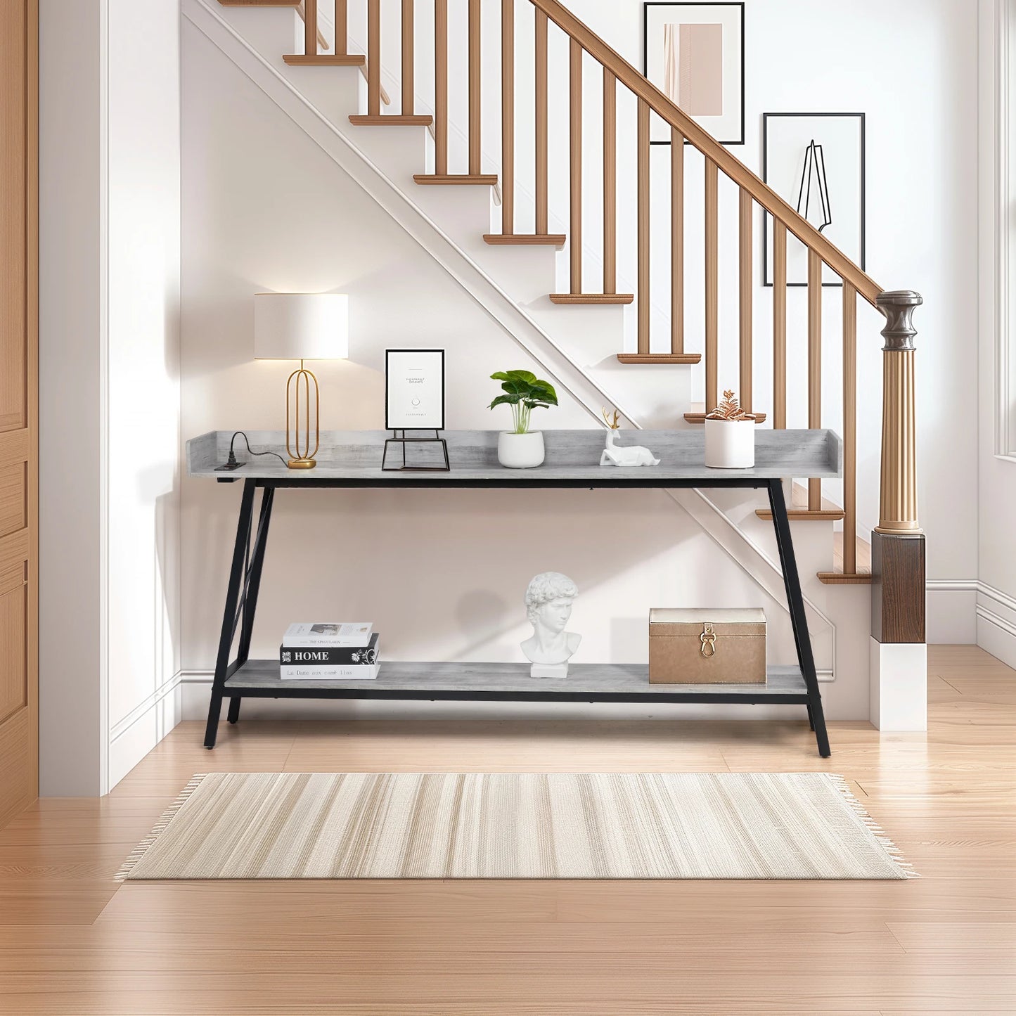 70.9" Console Table, Gray, 2 Outlets & USB. Rustic Industrial, Living Room, Entryway, Hallway, Bar.