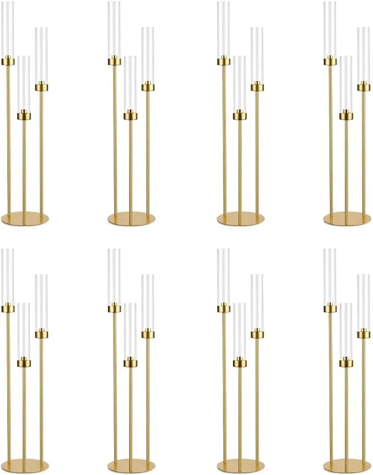 Candlestick Holders Gold for Wedding 8Pcs Taper 3 Arm 33.8Inch Tall Clear Cylinder Metal Candle Stands for Party Home Decor