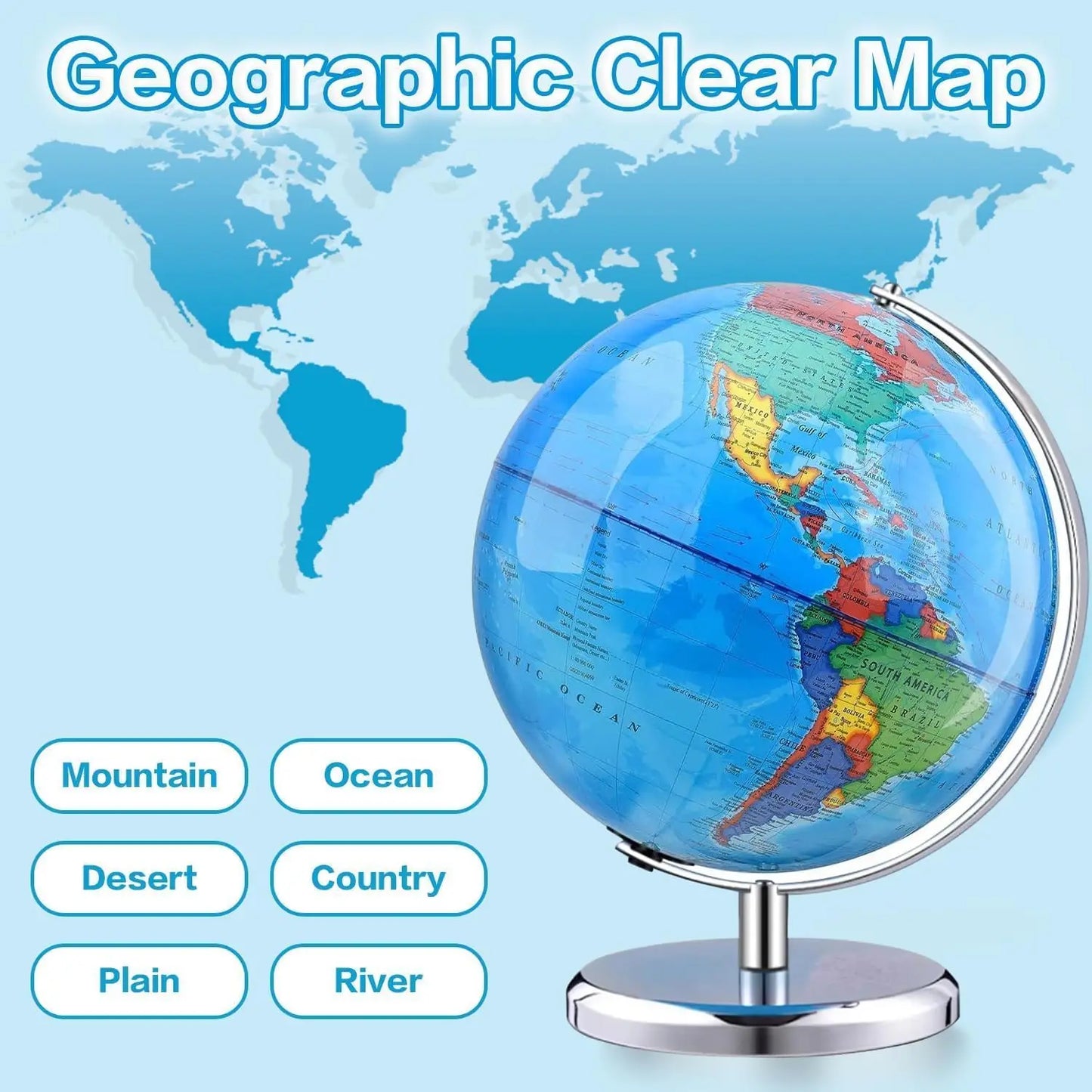 8 Inch Rotating World Globe with Stainless Steel Stand - Educational Geography Toy for Kids Classroom Decor