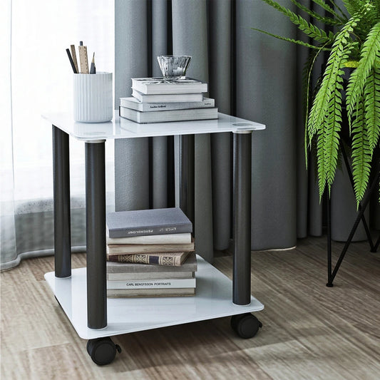 1-Piece White Black Side Table 2-Tier Space End Table Modern Night Stand Sofa Table Side Table with Storage Shelve