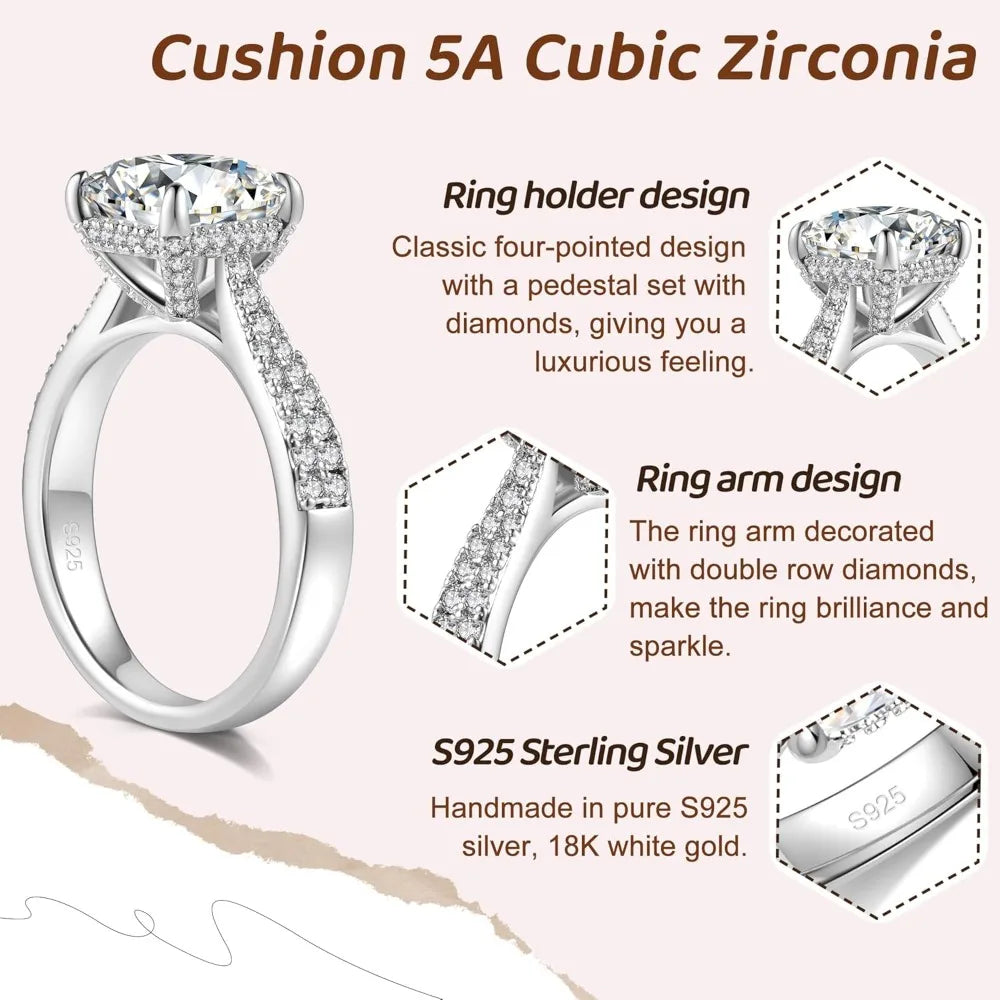 3CT CZ Rings,Women's Round/Oval/Cushion/Radiant Cut 925 Sterling Silver Solitaire Wedding Bands Engagement Promise Rings