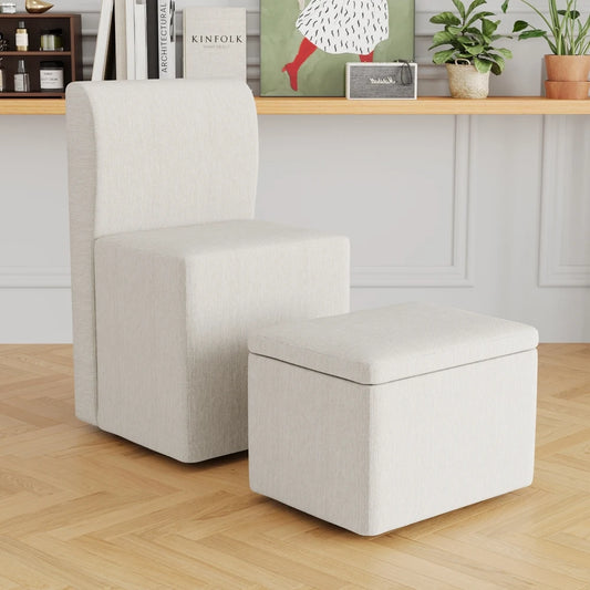 Two Piece Set of Wheeled Dining Chairs Modern Rolling Dining Chairs Footstools with Wheels Suitable Beige Linen Chairs