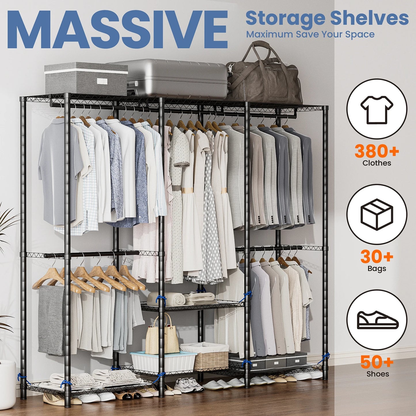 Clothes Rack Storage Organizer Wardrobe Hanging Clothes Freestanding Portable Heavy Duty 960 lb for Cloakroom Bedroom Entrances