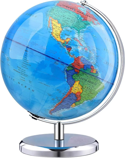 8 Inch Rotating World Globe with Stainless Steel Stand - Educational Geography Toy for Kids Classroom Decor