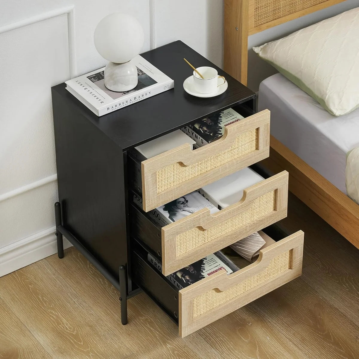 Rattan Nightstand Boho Cabinet with 3 Rattan Drawers Night Table Bedside Table with Storage Drawers for Bedroom Living Room