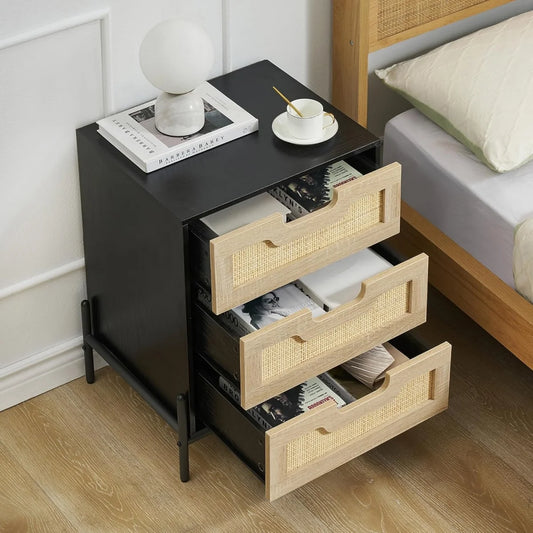 Rattan Nightstand Boho Cabinet with 3 Rattan Drawers Night Table Bedside Table with Storage Drawers for Bedroom Living Room