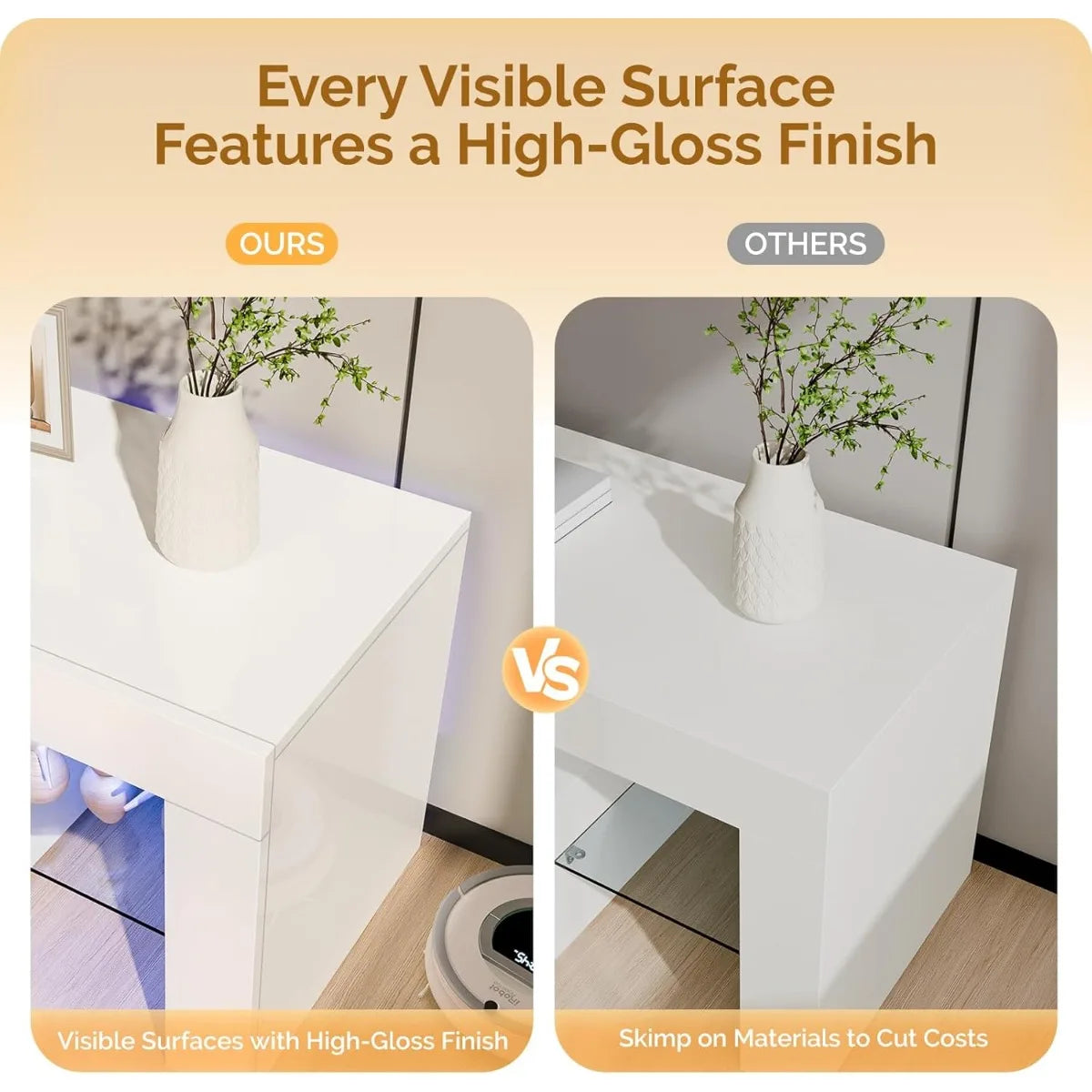 VINGLI LED TV Stand, 63'' High Glossy Modern Entertainment Center with LED Lights and Storage for 55/60/65/70 Inch TV - White