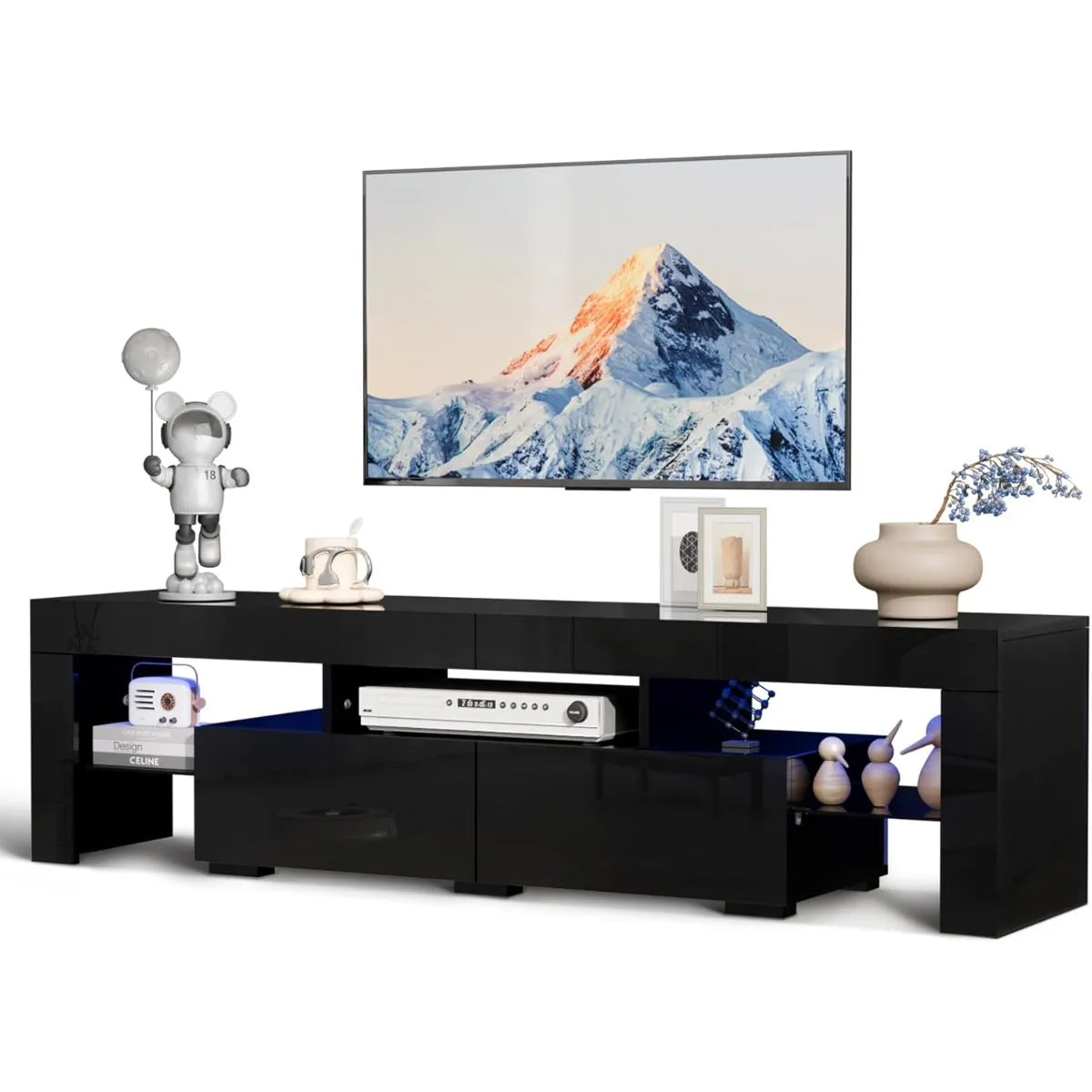 VINGLI LED TV Stand, 63'' High Glossy Modern Entertainment Center with LED Lights and Storage for 55/60/65/70 Inch TV - White