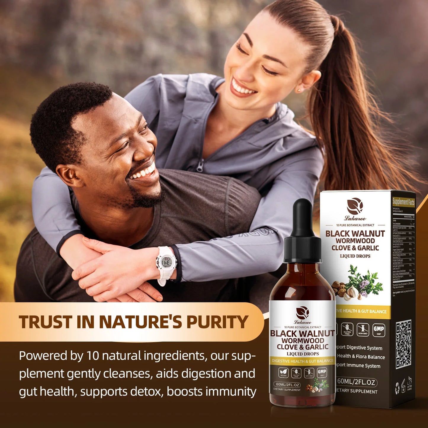 Lukaree 60ML Black Walnut Drop with Wormwood Clove & Garlic Support Digestion and Immune Health, Detoxify the Body Antioxidant