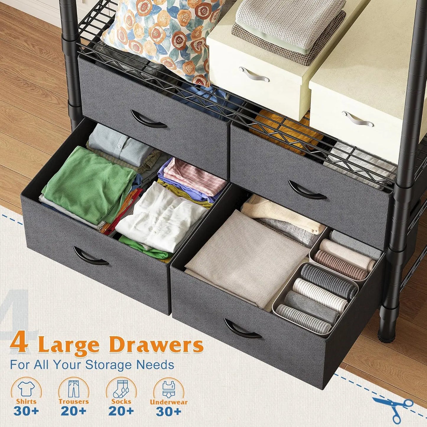 Clothing Rack Heavy Duty Clothes Rack for Hanging Clothes Adjustable with 4 Drawers Freestanding Garment Rack for Extra Space Bl