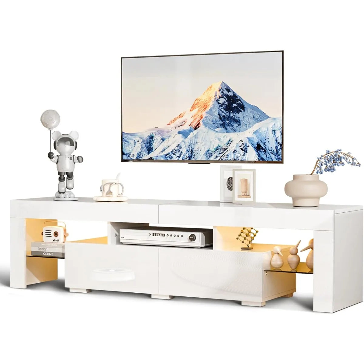 VINGLI LED TV Stand, 63'' High Glossy Modern Entertainment Center with LED Lights and Storage for 55/60/65/70 Inch TV - White