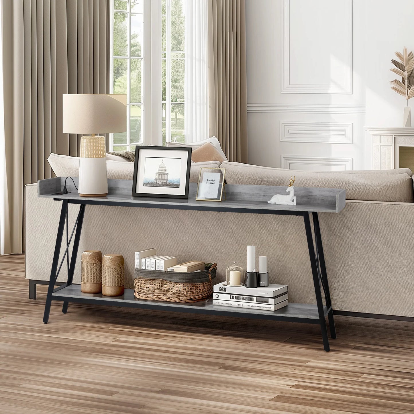 70.9" Console Table, Gray, 2 Outlets & USB. Rustic Industrial, Living Room, Entryway, Hallway, Bar.