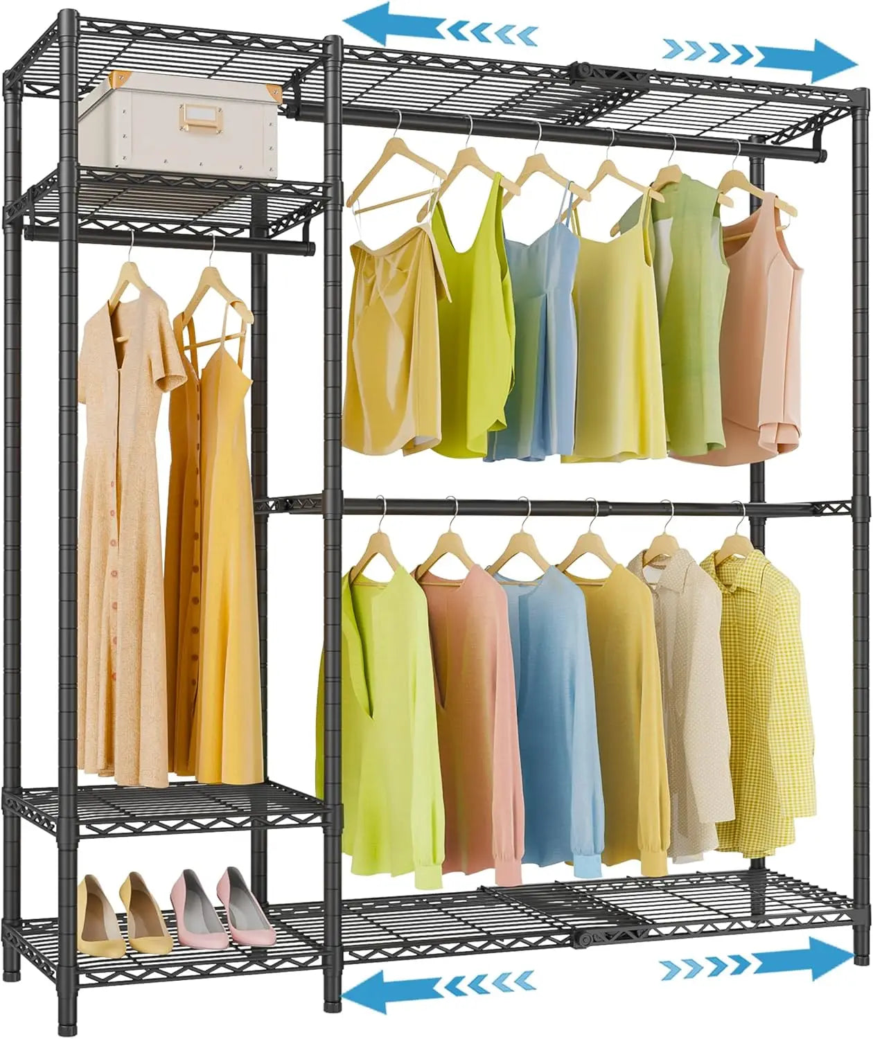 X20 Expandable Metal Clothing Rack Adjustable from 3'3" to 4'8" Heavy Duty Garment Racks with Adjustable Shelves and Hanger Rods
