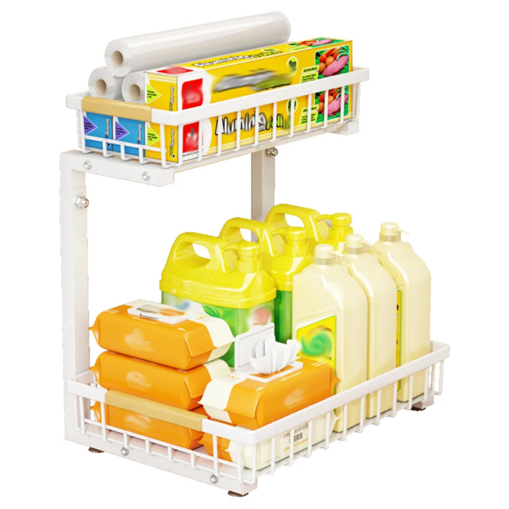 2-Tier Pull Out Cabinet Organizer Under Sink Storage Shelf for Kitchen Bathroom Carbon Steel Slide Out Sink Shelves for Cabinet