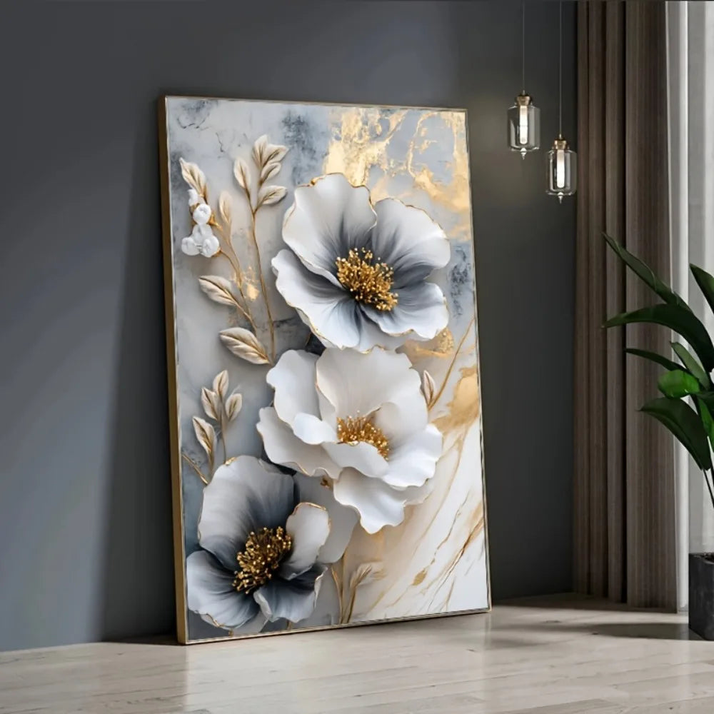 1 modern luxury floral canvas mural, framed 3D floral painting, suitable for bedroom and living room decoration