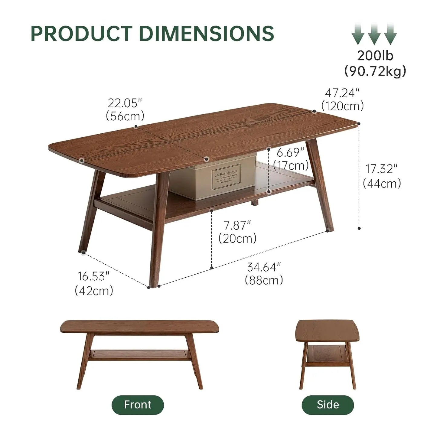 100% Solid Wood Coffee Table for Living Room, Mid Century Modern Small Tables with Shelf Storage, Storage Coffee, Customized