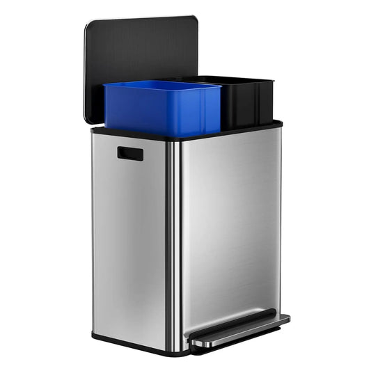 60 Liter / 2 x 8 Gallon Dual Trash Can with Recycle Bin, Stainless Steel Garbage Can with Lid and Foot Pedal Resistant Trash Can