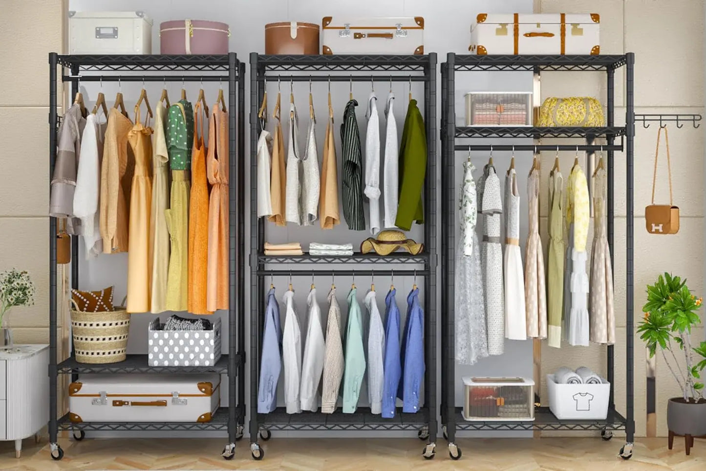 Rolling Clothes Rack Heavy Duty Wire Adjustable Garment Rack for Hanging Clothes with Lockable Wheels 2 Hanger Rods 35.4''L x 15