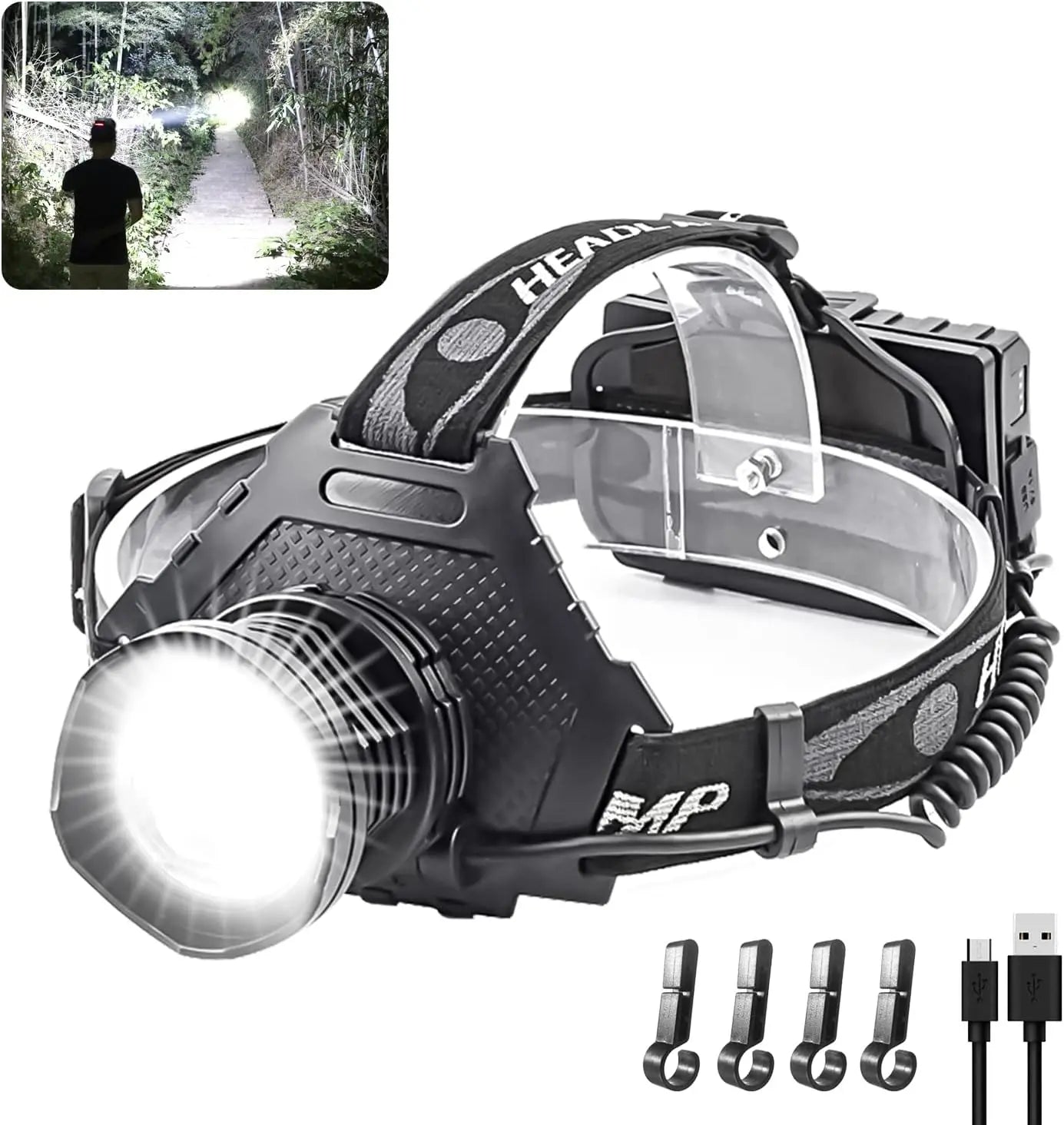 2pcs P70 Telescopic Zoom Glare Headlight USB Rechargeable Night Fishing Light Head-Mounted Torch High-Power LED Headlight