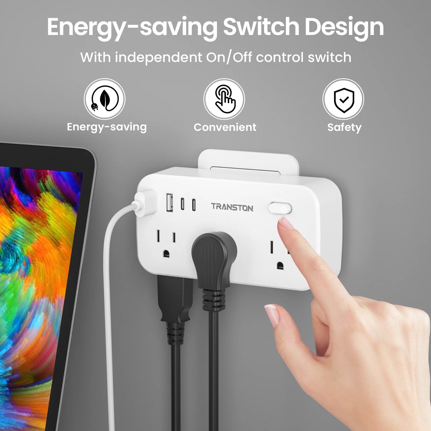 power strip surge protector with 6 AC Outlets,2 USB & 2 USB-C Fast Charging Ports,10 in 1,45°tilt plug,Advanced Protection for