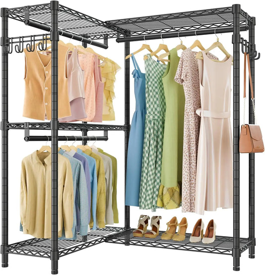 L4 Garment Rack L Shaped Clothes Rack for Corner Freestanding Portable Wardrobe Closet Heavy Duty Clothing Rack with 3 Hanging R